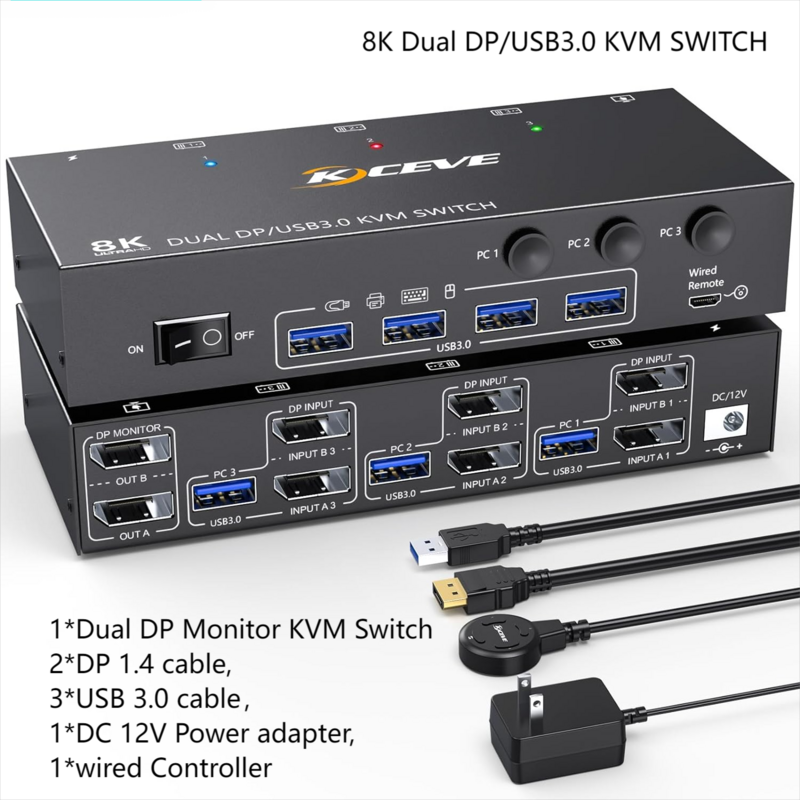 Interruptor KVM de doble Monitor, USB 3,0, Displayport, 2 monitores, 3 computadoras, 3 computadoras, 2 monitores y 4 dispositivos USB 3,0