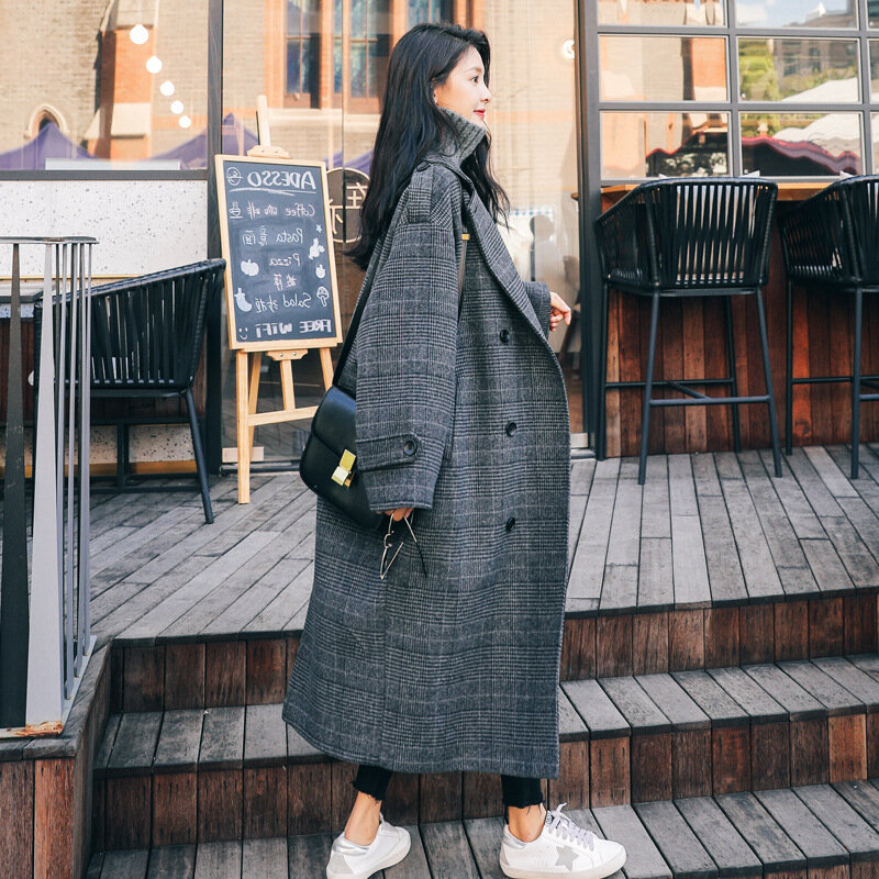 Elegante feminino xadrez casaco de lã coréia retro cinza escuro duplo breasted manga longa chique solto outerwear senhoras longo casaco