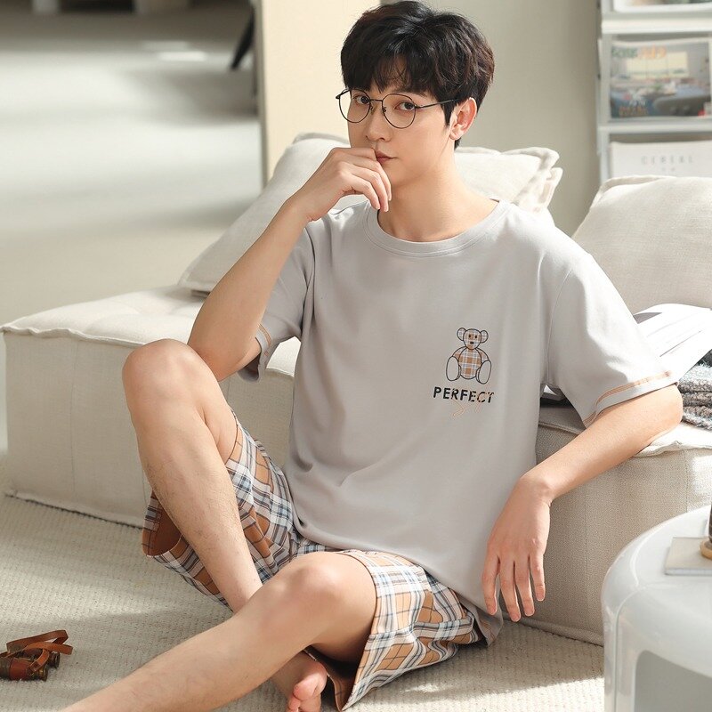 Pijama de algodão coreano masculino, pijama de manga curta, loungewear de verão, tamanho grande L a 3XL, dropship, 2 peças por conjunto