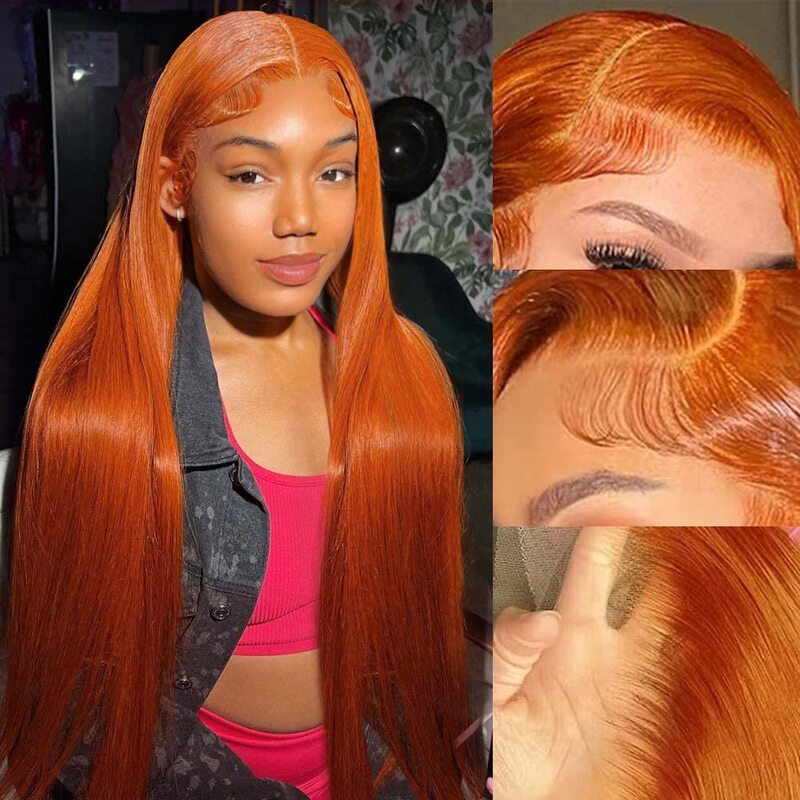 Peluca de cabello humano liso con encaje Frontal, Color naranja jengibre, 30 pulgadas, 13x6, 13x4, 180% de densidad, predesplumada, sin pegamento