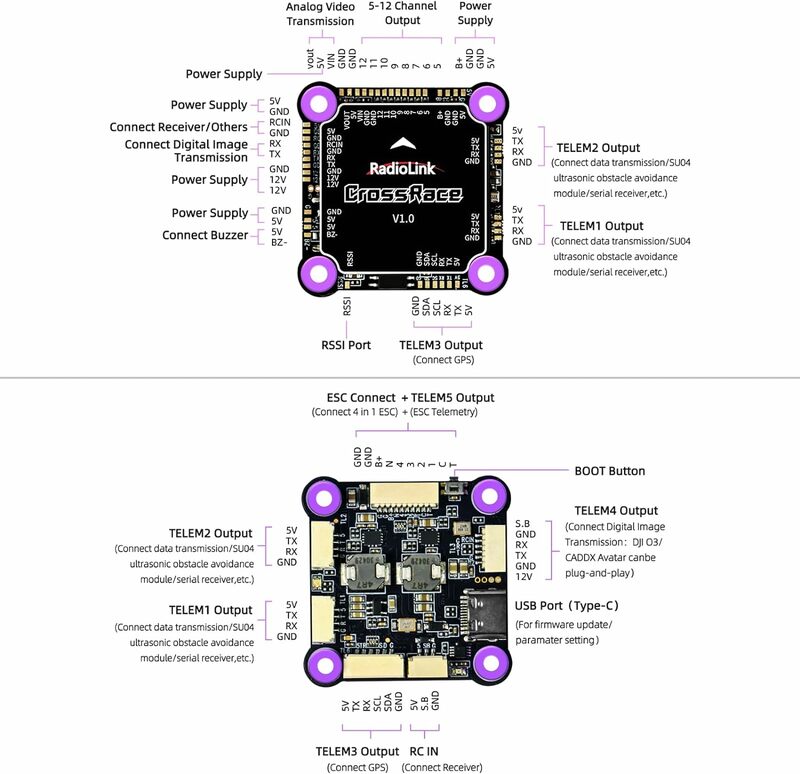 Radiolink CrossRace FPV Flight Controller, saída 12CH, Compatível OSD Integrado, 4 em 1 ESC Plug-and-Play para peças RC FPV
