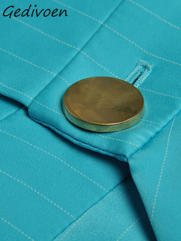 Gedivoen-Combinaison droite vintage bleu lac pour femme, bouton à revers, volants, taille régulière, créateur de mode, printemps, automne