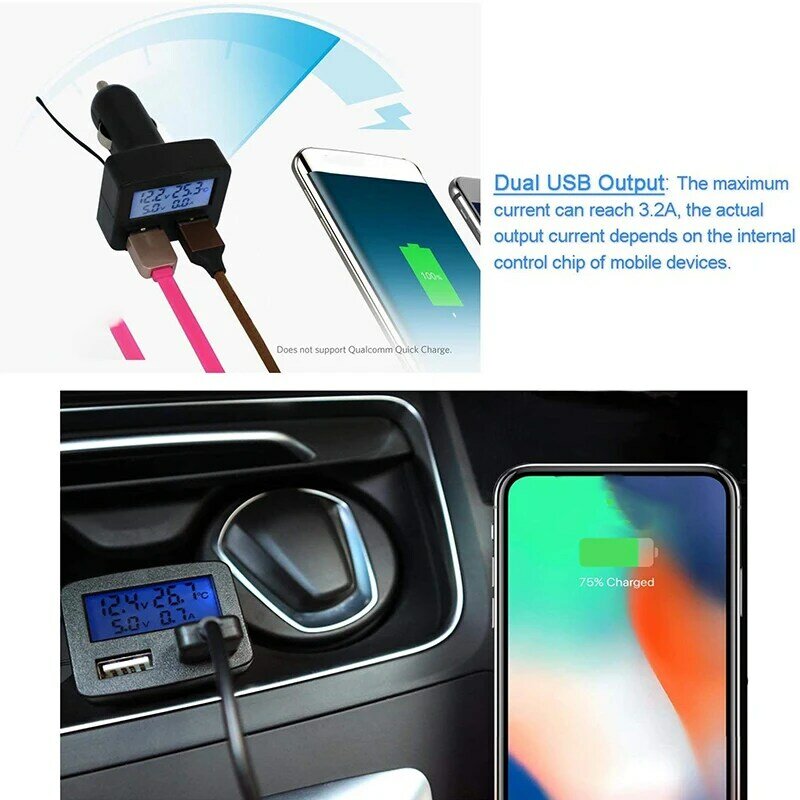 Car Charger, Display Temperature In Vehicle, Automotive Battery Voltage and Instant Charging Voltage Current, Dual USB Adapter