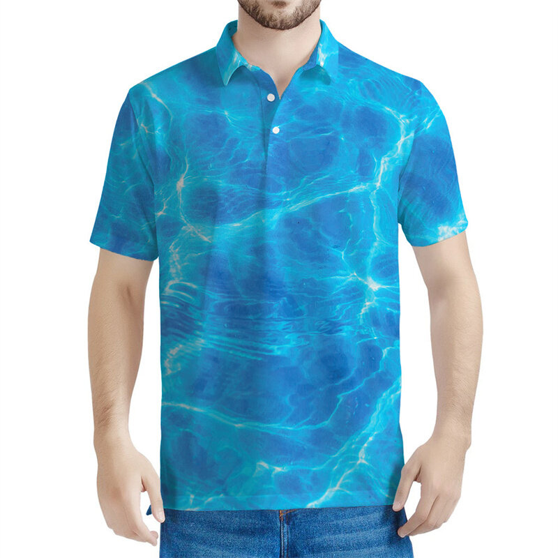 Polo 3D azul estampado em água masculino, padrão oceano, lapela de mangas curtas, botão de rua casual, moda extragrande