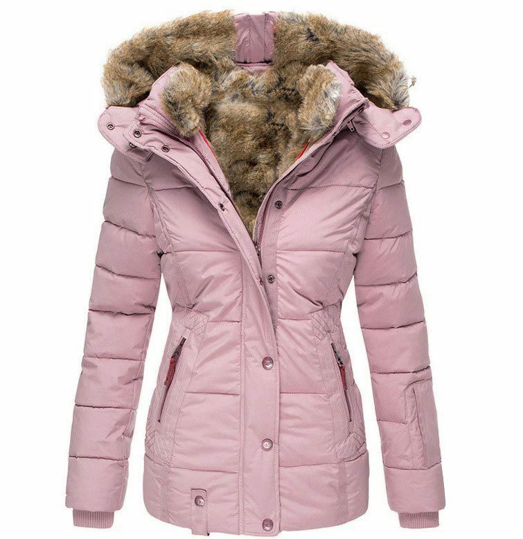 WYBLZ-Women's Cotton Padded Coat with Fur Collar, Long Sleeve, Hooded Jacket, Warm Parkas, Zipper, Slim Fit, Winter