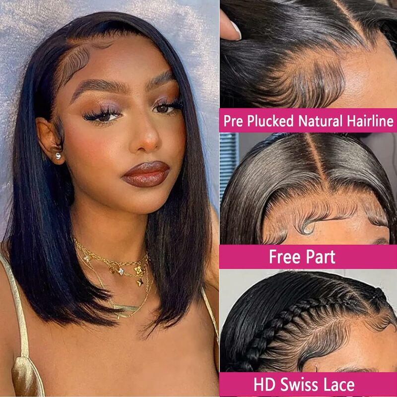 Perruque Bob Lace Front Wig Naturelle Lisse, Cheveux Courts, 13x4, Transparent HD, Pre-Plucked, pour Femme Africaine
