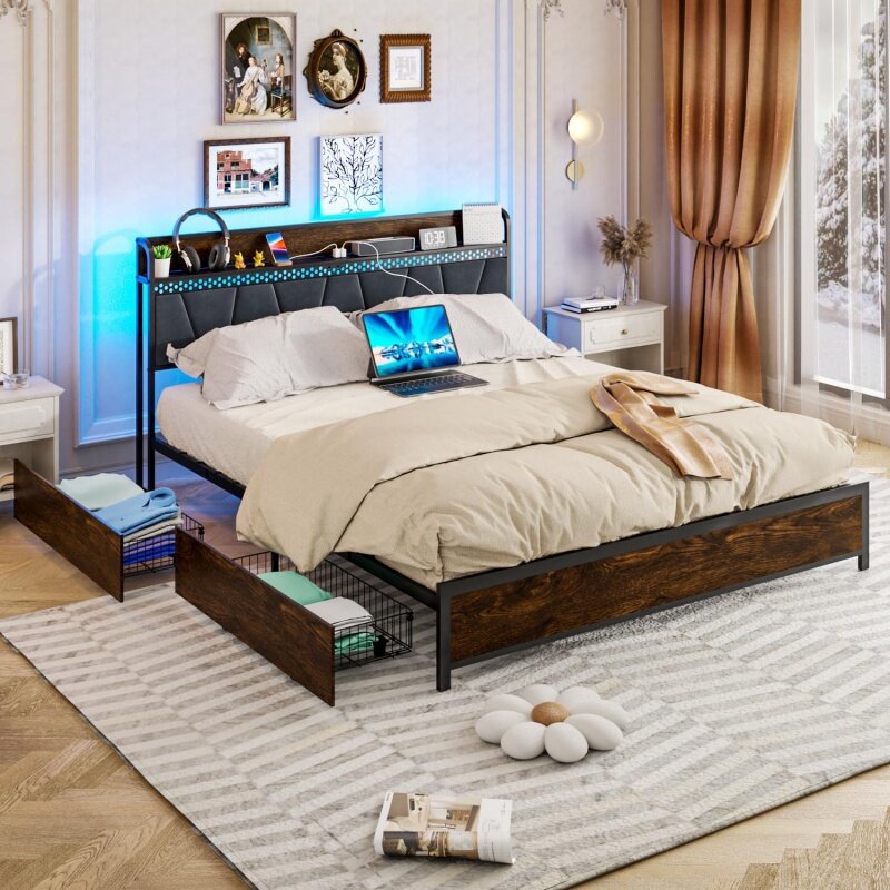 Rozmiar Queen łóżko z pełnymi bokami rama z tapicerowanym zagłówkiem półki i 4 szuflady do przechowywania pod łóżkiem, wylot z portem ładowania i