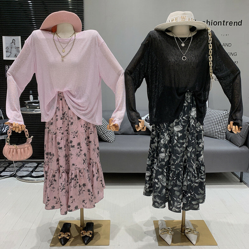 Two piece set for women Sunscreen split lace up Long sleeved T-shirt+high waisted floral A-line long skirt Purchase separately
