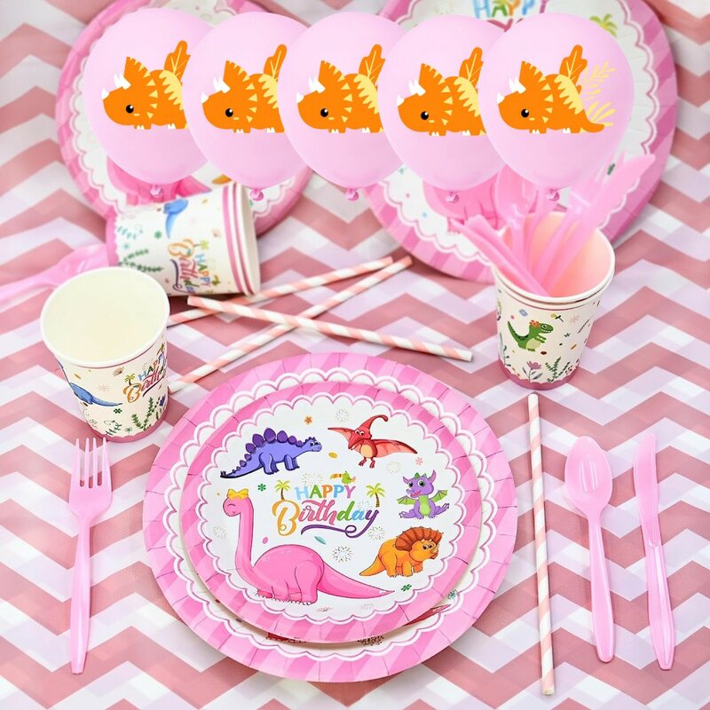 Decoración de fiesta de dinosaurio rosa, globos, vajilla de papel rosa, plato de fondo, Baby Shower, suministros de fiesta de cumpleaños para niños y niñas