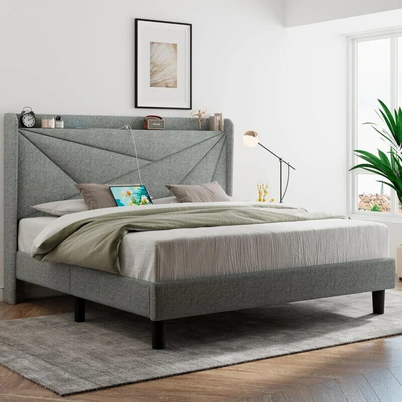 Feonase Full Bed Frame with Type-C & USB Ports, Upholstered Platform Bed Frame with Wingback Storage Headboard, Solid Wood S