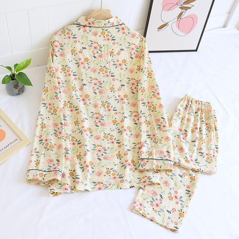 Piżama zestaw kobieta wiskoza lato skręcić w dół klapy spodnie z długim rękawem jesień cienkie gładkie drukowanie reszta ubrania dwuczęściowy spania