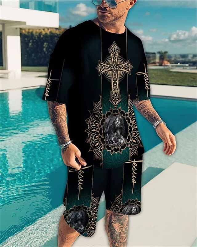 Completi estivi da uomo pantaloncini completi abbigliamento maschile maglietta da strada due pezzi stampa 3D tuta Casual con scollo a o abbigliamento sportivo da spiaggia oversize