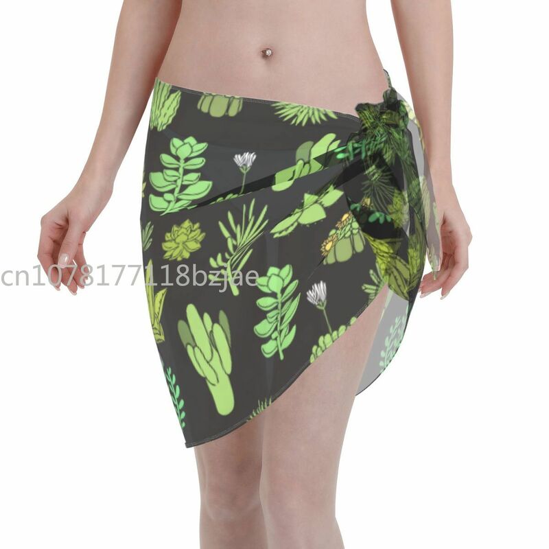 Traje de baño corto de plantas suculentas y Cactus para mujer, pareo de falda transparente con cordones, Bikini de playa
