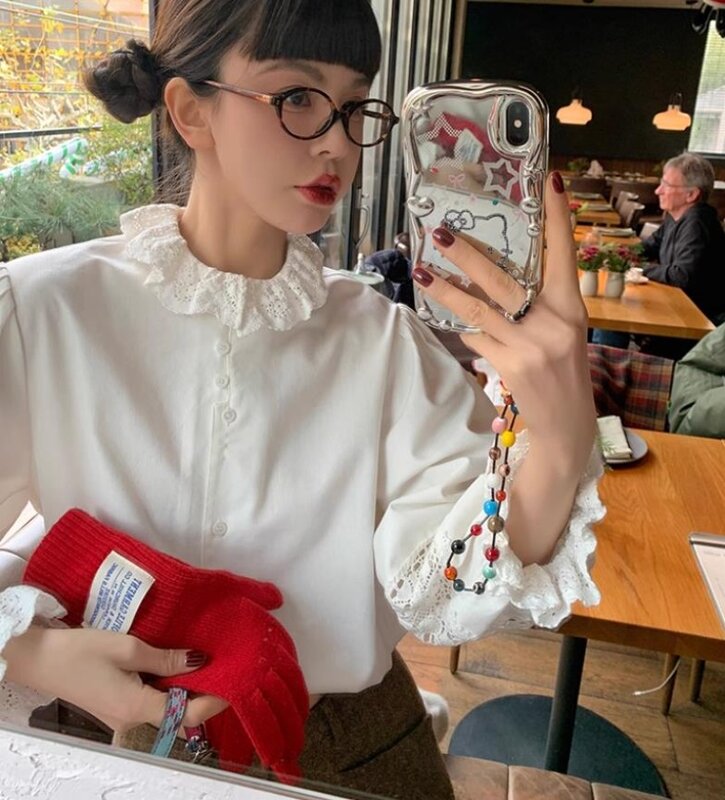 Miiiix kemeja wanita lengan Flare Retro mode Perancis, pakaian wanita 2024, kemeja warna Solid Istana Musim semi wanita