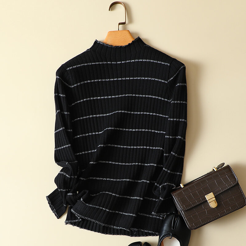 Turtleneck Striped Knitted Women Sweater And Pullovers Autumn Long-Sleeved Office Lady Elegant Pulls Outwear Tops