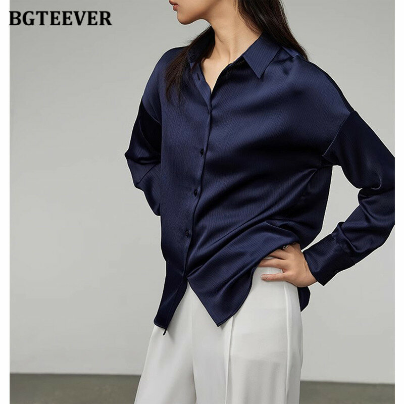 BGTEEVER-Blusa holgada de satén para mujer, elegante camisa de manga larga con solapa y botonadura única para primavera