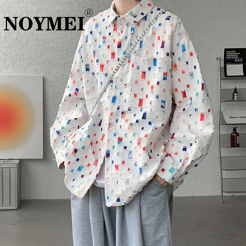 Noymei Losse Casual Shirt Heren Revers Single-Breasted Contrasterende Kleuren Patchwork Mode All-Match Blouses Wa8560