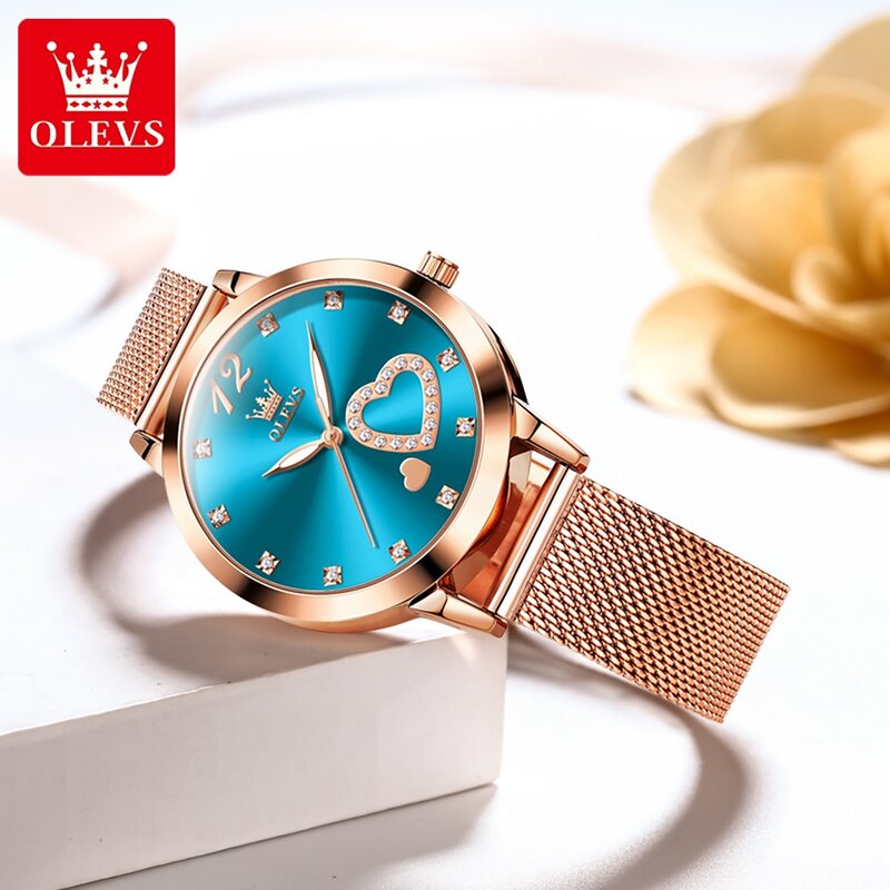 Olevs-女性用クォーツ時計,ステンレススチール,耐水性,ブルー,フェミニン