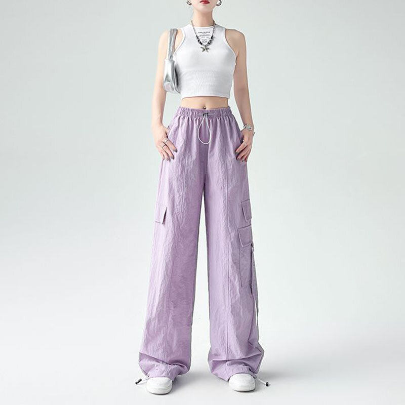 Spring Summer Loose Casual Wide Leg Workwear Pants Women Elastic High Waist Drawstring Pockets American Straight Sports Trousers