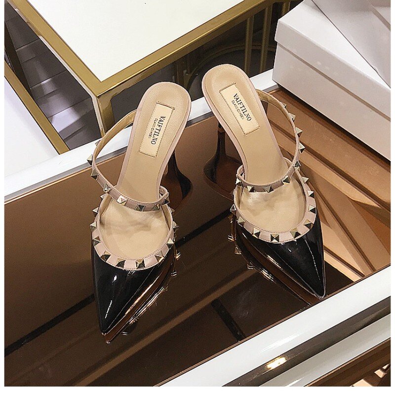Leather Women's Gladiator Sandals Luxury Metal Rivet High Heel Slippers Summer Outdoor Fashion Women's Ankle Strap Pumps 33 - 41