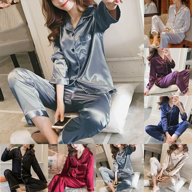 Frauen Satin Langarm Pyjama Set Revers Top und Hosen bequeme feste Pyjamas Lounge wear 2024 Neuankömmling Drop Shipping