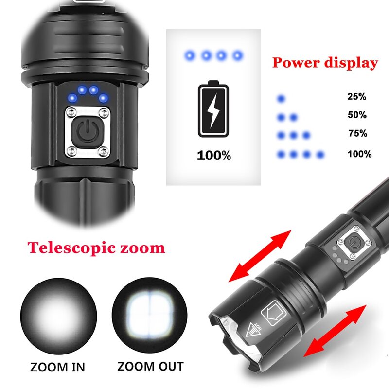 Super helle LED-Taschenlampe USB wiederauf ladbare Taschenlampe mit 30W LED kann 1500 Meter taktische Laterne beleuchten