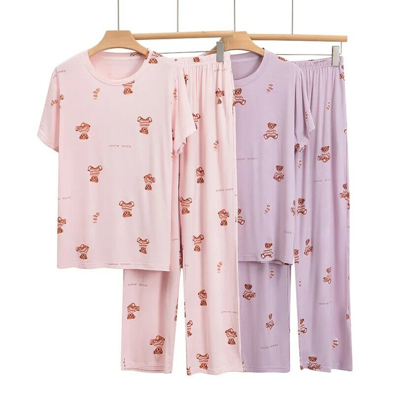Summer Women's Pajamas Suit Modal Crewneck Short Sleeve Top Pants Two-Piece Set Bear Cartoon Print Loose Casual Home Clothes