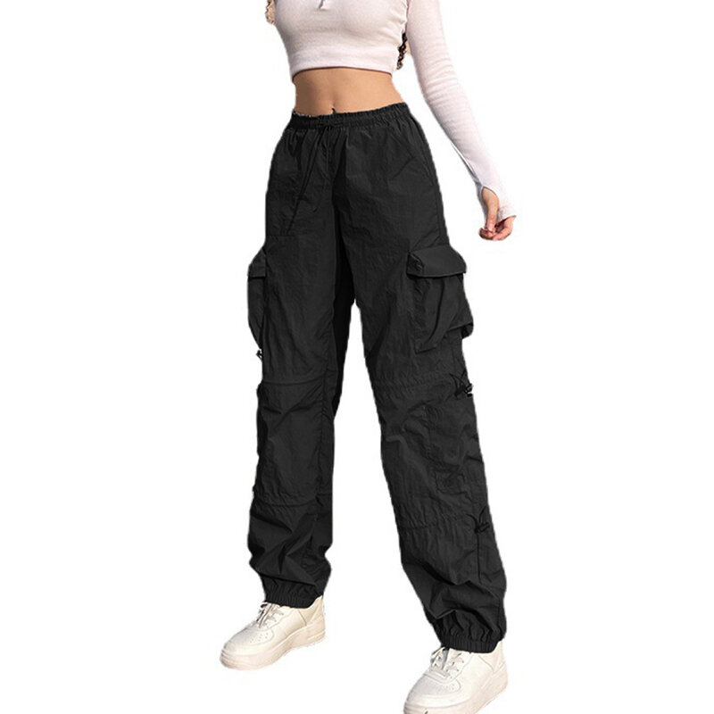 Mulheres múltiplos bolsos de pára-quedas calças, calças largas com cordão, cintura baixa elástica, Ruched carga calça, jogger, Y2K Trainning calças