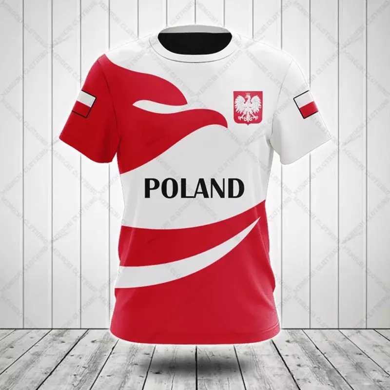 Bandeira polonesa masculina, crachá e camuflagem camiseta impressa em 3D, gola redonda, manga curta, grandes dimensões, solta, secagem rápida, moda esportiva