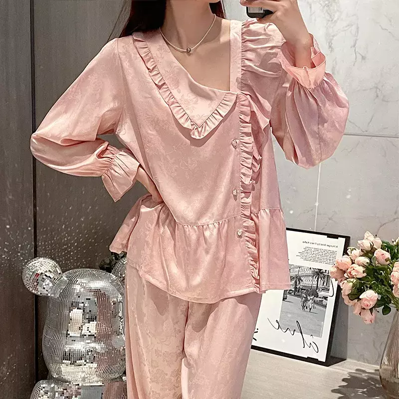 Thin Section Jacquard Women's Pajamas Sets Spring and Fall Senior Sense of Elegance Thin Section of Ice Silk Home Wear Sleepwear