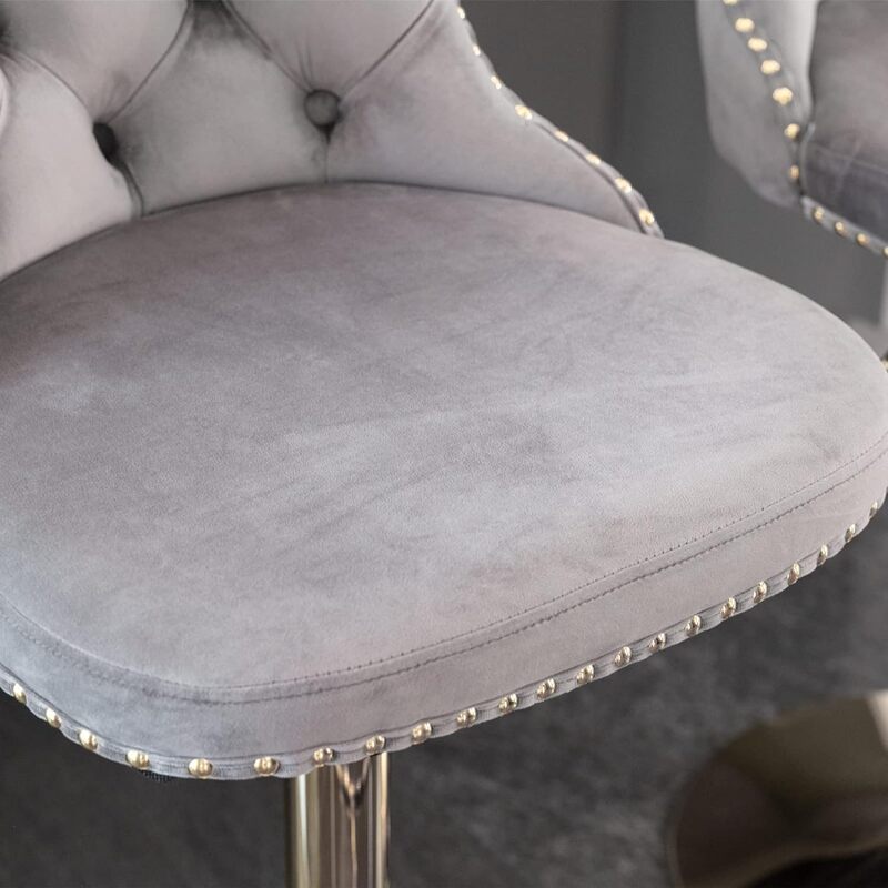 Velvet Upholstered Bar Chairs with Nailheads Trim and Golden Footrest for Dining Room Pub, Gray