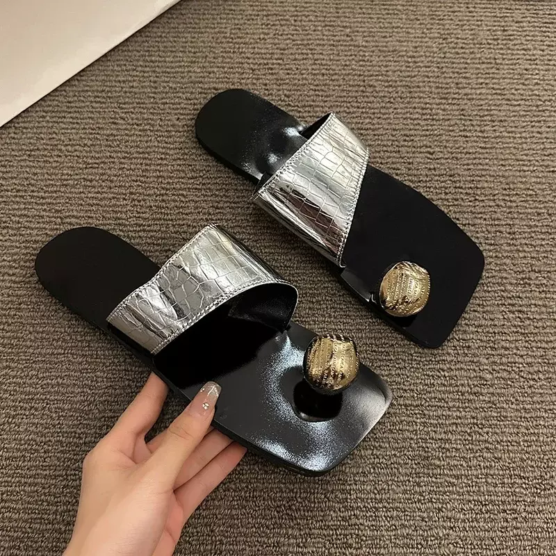 Женские повседневные тапочки, модель 2024 года, летняя модная Уличная обувь с открытым носком на плоской подошве, женские нескользящие однотонные пляжные сандалии, женская обувь