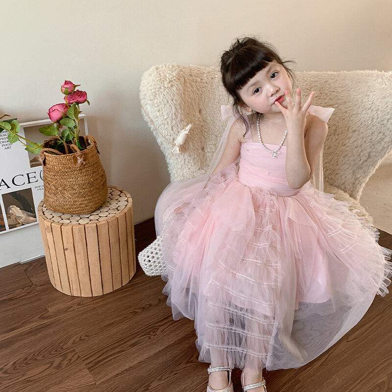 Childrens Clothing Girls Dress 2024 Summer New Korean Edition Childrens Cake Princess Pink Dress Baby Dress Clothes
