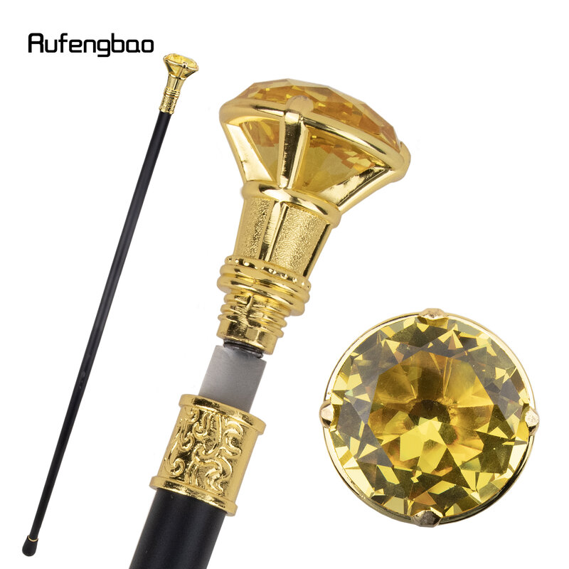 Yellow Diamond Single Joint Golden Walking Stick with Hidden Plate Self Defense Fashion Cane Plate Cosplay Crosier Stick 93cm