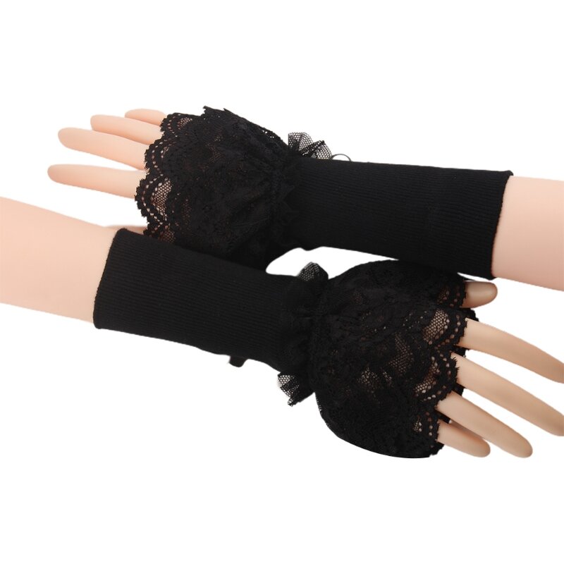 Damskie dwuwarstwowe falbany koronkowe patchworkowe ocieplacze na ręce dzianinowe rękawiczki bez palców