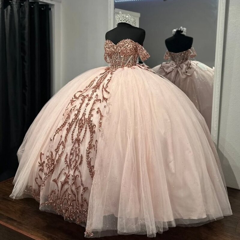 Pink Shiny Ball Gown Quinceanera Dress With Cape Sequined Appliques Lace Tull Vestidos De 15 Años Princess Formal Occasion Gown