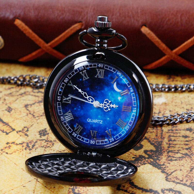 Relógio de bolso de quartzo com estrela e lua colar azul céu estrelado, corrente FOB, arte steampunk, nova moda