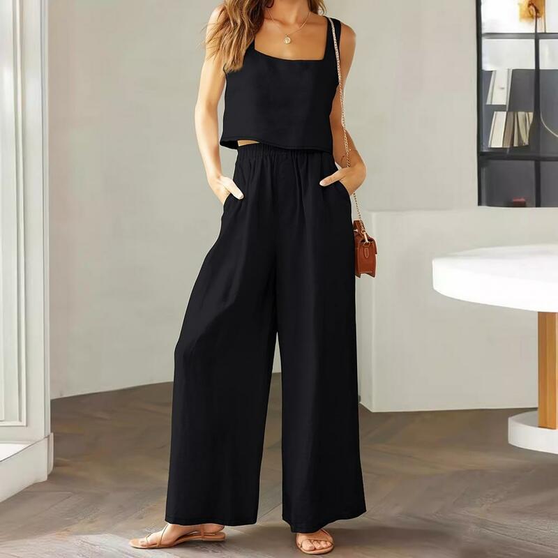 Women's Summer 2 Piece Outfits Vest Pants Suit Square Neck Sleeveless Loose Top High Waist Wide Leg Trousers Casual Tracksuit