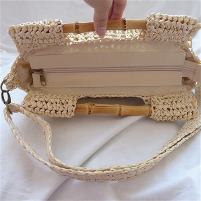 Vintage Bamboo Handle Straw Handbags Casual Paper Woven Women Shoulder Crossbody Bags Handmade Summer Beach Bag Small Tote Purse