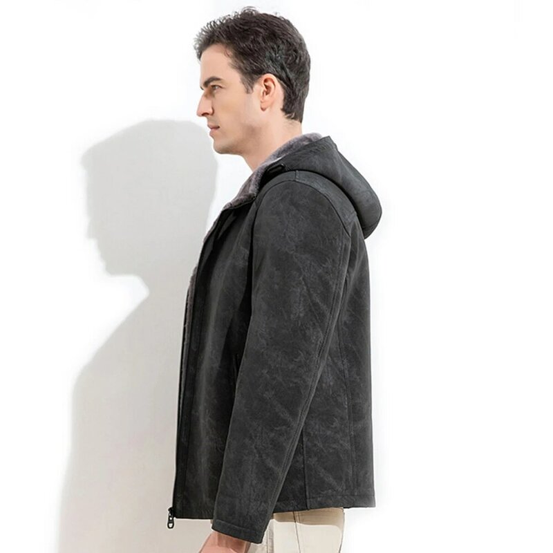 2022 LUHAYESA Unique Gray Fur Shearling Clothing Men Winter Warm Hooded Soft Comfortable Real Fur Coats