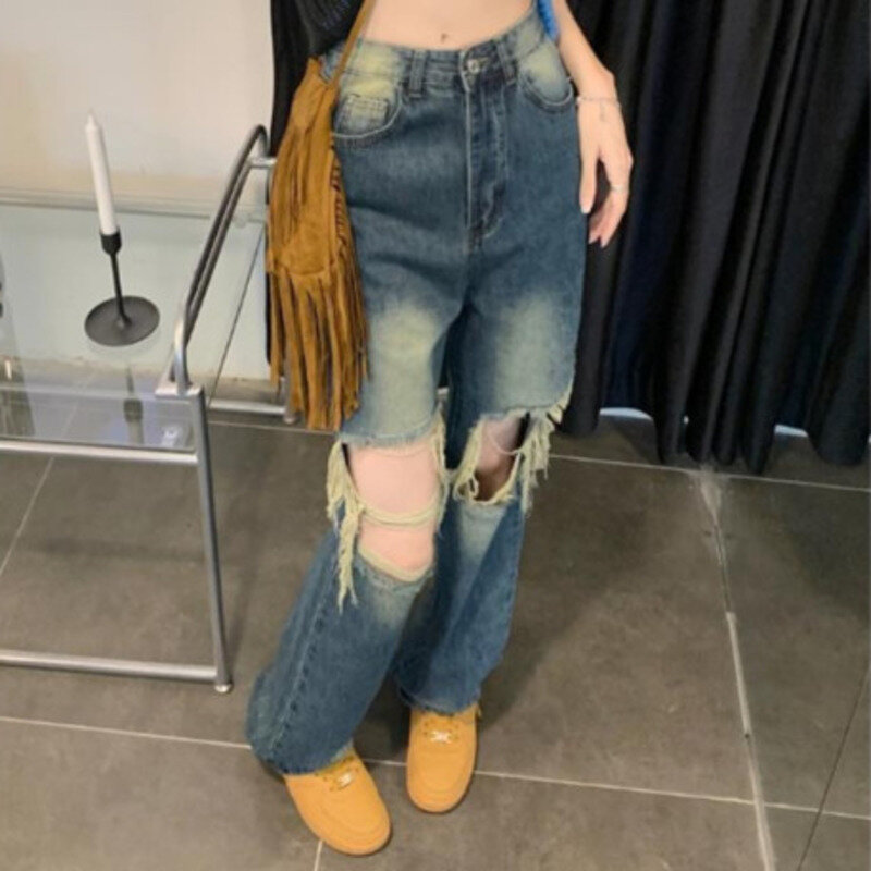 Garota picante retrô americana desgastada jeans para mulheres, calças de rua personalizadas, perna reta, torres de chão, Design Sense, novo, 2024