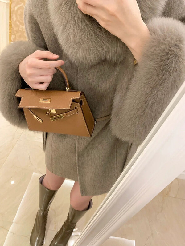 Luxury Double-face Cashmere Poncho Blend donna autunno inverno nuovo mantello lungo cappotto di lana con collo in vera pelliccia di volpe