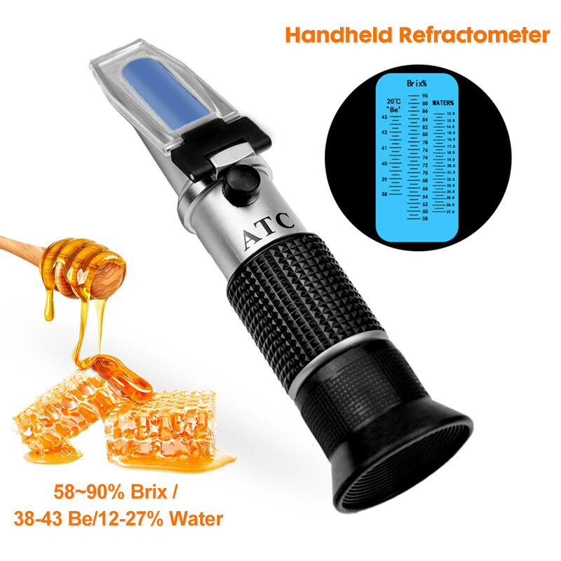 3 in 1 Handheld Honey Refractometer Moisture Baume Brix Scale Range 58-90% Sugar Refraction Tester