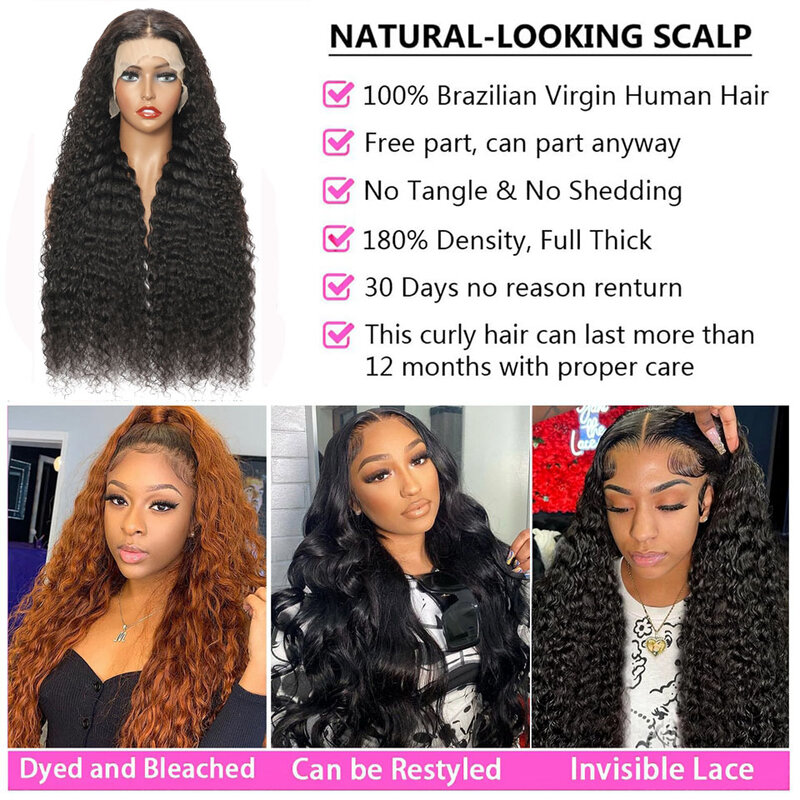 Perruque Lace Front Wig Deep Wave Brésilienne Naturelle, Cheveux Bouclés, 13x6, 13x4, Pre-Plucked, pour Femme