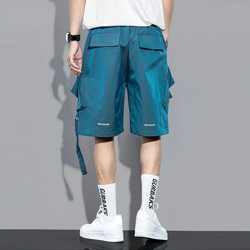 Calção de carga masculino com bolsos, bermuda curta, streetwear com cordas, estilista azul, whate pesado, moda, 2024