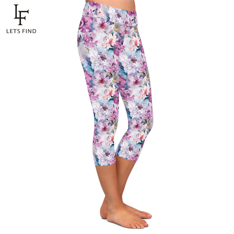 LETSFIND-Leggings Capri fitness com estampa de flores bonitas, cintura alta, macia e confortável, meio da panturrilha, verão