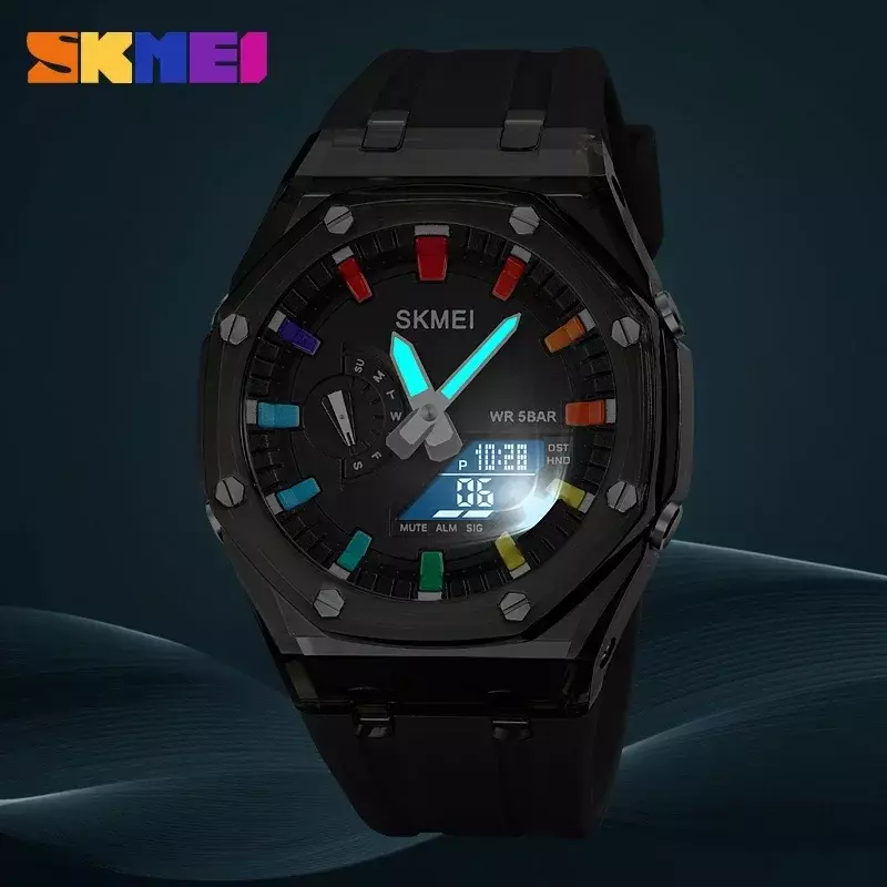 SKMEI นาฬิกาข้อมือกันน้ำจับเวลานับถอยหลังนาฬิกาข้อมือสำหรับผู้ชาย, นาฬิกาข้อมืออิเล็กทรอนิกส์มีไฟ LED 5นาฬิกาปลุก2เวลานาฬิกาดิจิตอล2100