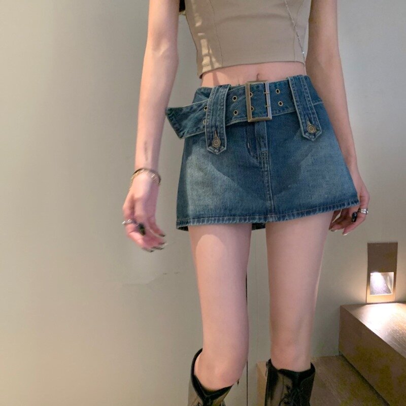 Jeansowa spódniczka kobiety wiosna/lato w stylu Vintage z wysokim stanem sukienka Mini sznurowane spódnica biodrówka spodnie