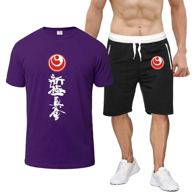 Jingpin setelan kaus + celana pendek pria, pakaian cetak lengan pendek delapan warna baru, T-shirt modis nyaman dan kasual