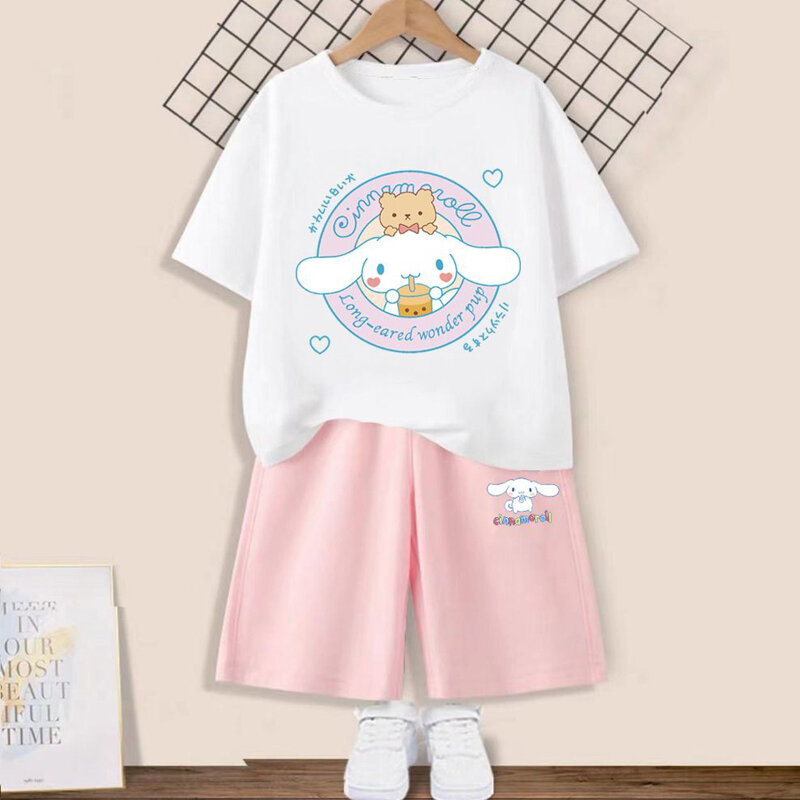 Sanrio Kuromi Cinnamoroll Conjunto de camiseta y pantalones cortos para niños, ropa informal de manga corta con dibujos animados, ropa deportiva para niños, regalo para niños